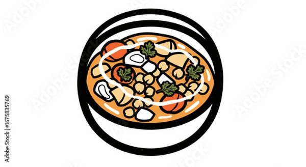 Obraz Cartoon illustration of a delicious chickpea vegetable stew in a decorative bowl