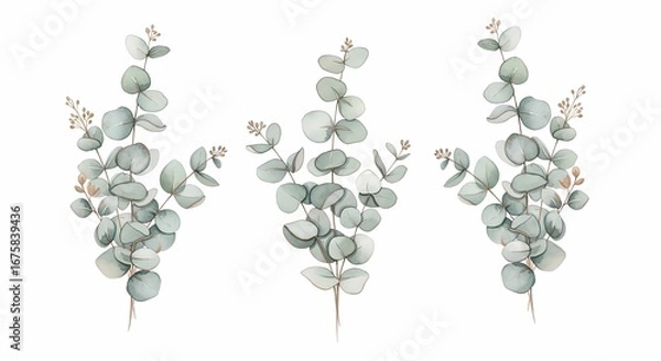 Fototapeta Beautiful eucalyptus branches with delicate leaves and small buds creating an elegant floral pattern for decoration and design