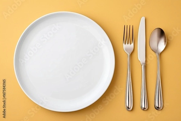 Fototapeta Empty white ceramic plate with shiny silver  silverware. Clean eating minimal arrangement. Tableware concept for restaurant menu or diet plan.Mockup,cooking blog,advertising banner,flyer, copy space 