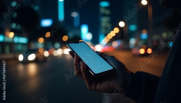 Fototapeta Person Holding Smartphone with Blank Screen in City at Night Using Mobile App for Navigation or Urban Exploration and Communication
