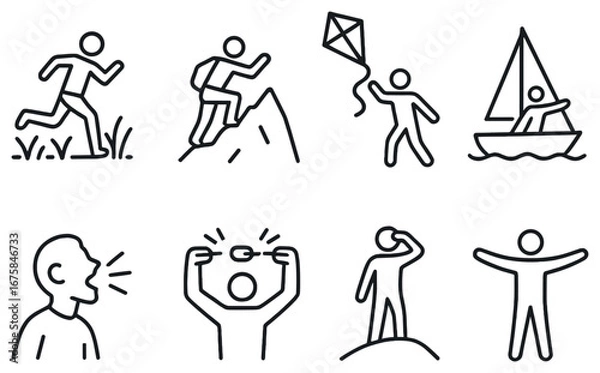 Fototapeta Outdoor activities linear icon set. featuring running, hiking, kite flying, sailing, shouting, exploring.