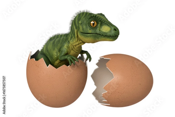 Obraz Adorable baby dinosaur hatching from a giant egg, 3D render. background removed