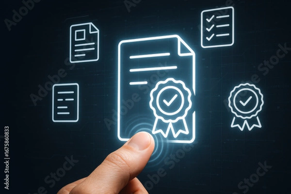 Fototapeta Digital certificate icon with hand pointing, secure document verification concept