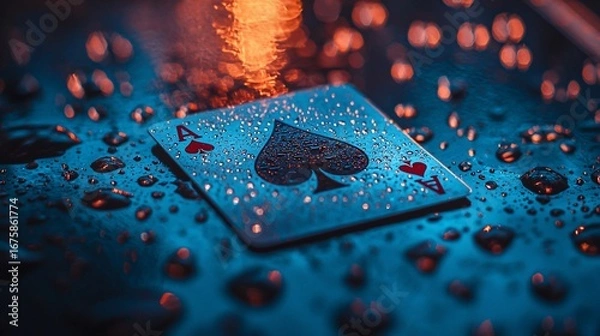 Fototapeta Ace of Spades Playing Card with Water Droplets and Bokeh Lighting