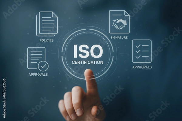 Fototapeta ISO certification concept with finger pointing on digital interface and document icons