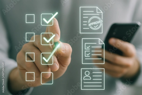 Fototapeta Checklist with approved document icons and hand selecting checkboxes on transparent screen