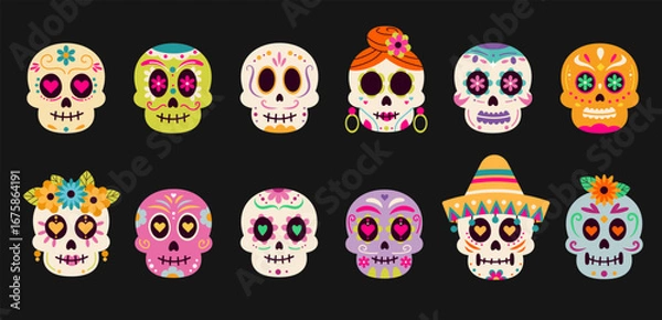 Fototapeta Colorful sugar skulls vector set for Día de los Muertos. Decorative Mexican Day of the Dead illustration.