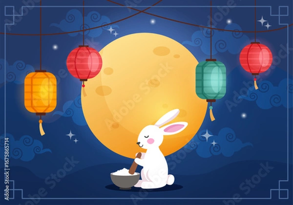 Fototapeta Horizontal vector background for Mid-Autumn or Chuseok festival. Traditional Asian celebration with moon, lanterns and rabbit making rice.