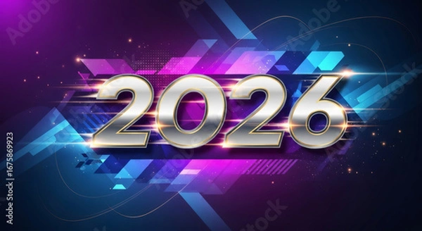 Fototapeta Silver chrome 2026 number on dynamic blue and purple futuristic background. New Year event. Holiday celebration concept for banner.