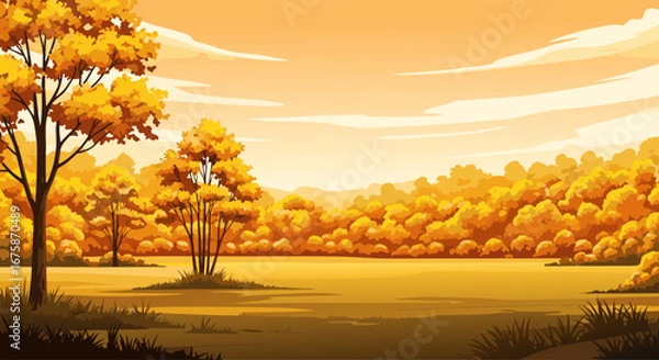 Fototapeta A stunning fall landscape background with golden trees and a serene sky, perfect for seasonal themes and autumnal scenes