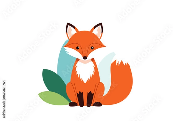 Obraz Adorable cartoon fox sitting in front of leaves, perfect for children's books or designs