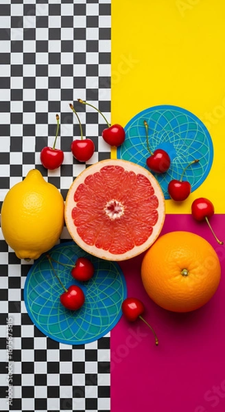 Obraz Colorful arrangement of fruits on a patterned background.