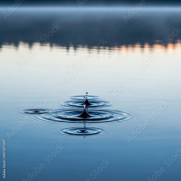 Obraz Water droplet impacting a calm lake surface, creating concentric ripples and reflections.