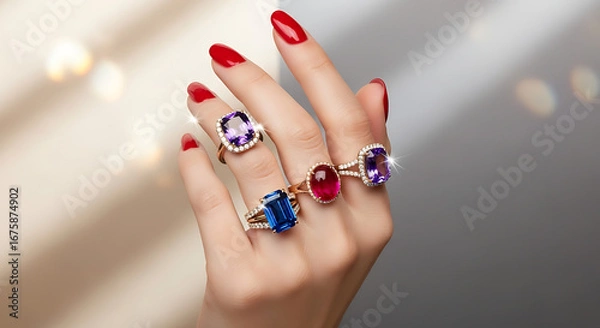 Obraz A woman's hand adorned with several large, colorful gemstone rings, showcasing vibrant red nail polish.