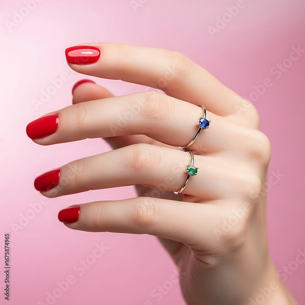Obraz Close-up shot of a woman's hand wearing two heart-shaped gemstone rings with red nail polish.
