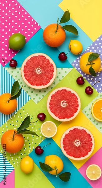 Obraz Colorful arrangement of citrus fruits, cherries, and patterned backgrounds.