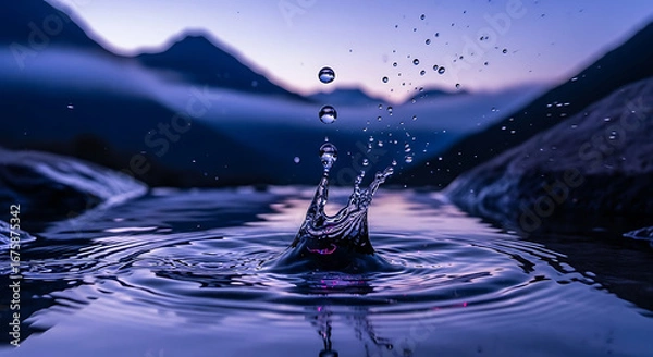 Obraz Water droplet splash in a tranquil mountain lake at dawn.
