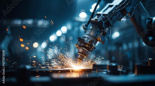 Fototapeta Industrial robot arm welding in smart factory
