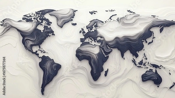 Fototapeta Intricate layered paper art depicting a world map with topographical contours in shades of white and gray.