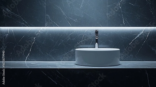 Fototapeta Modern bathroom sink with sleek faucet against dark marble tile and ambient lighting