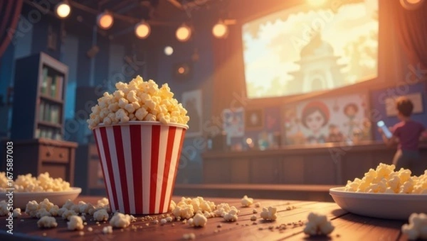 Fototapeta Cozy Cinema Interior with Popcorn Bucket and Screen Showing Film Atmosphere at Dusk