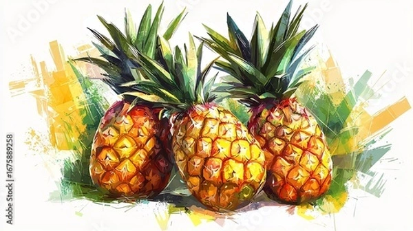 Fototapeta Three Pineapples in Artistic Watercolor Style with Green and Yellow Brushstrokes