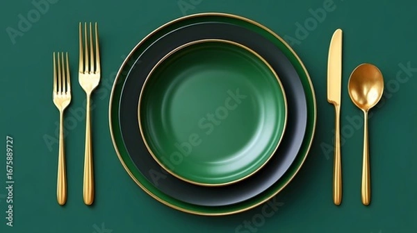 Fototapeta Elegant Table Setting with Green Plates and Gold Cutlery on Dark Green Background