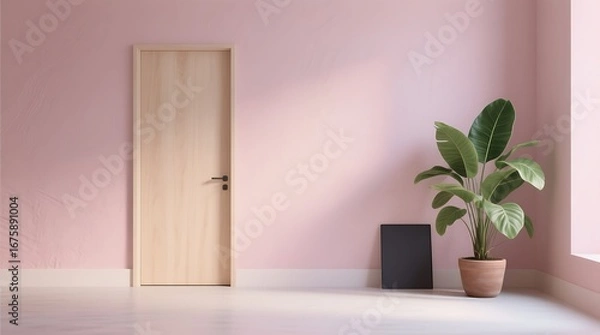 Fototapeta Pastel pink room interior mockup: a light wood door, potted plant, and dark slate against a textured wall in a minimalist flat lay.