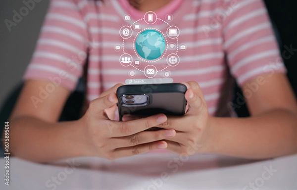 Fototapeta Woman using mobile smartphone with E-commerce technology icon on virtual global internet network, online retail shopping digital app.