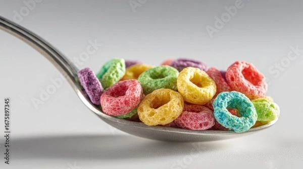 Fototapeta Colorful Breakfast Cereal on Spoon with Soft Natural Light