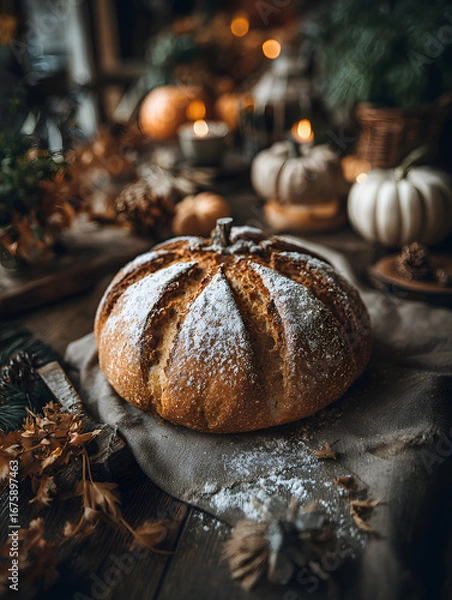 Fototapeta A beautifully crafted pumpkin shaped sourdough bread dusted in flour, sits on  rustic table with autumn-hemed decor. Perfect for Tanksgiving or fall celebraions, embodying cozy and fstive vibes.