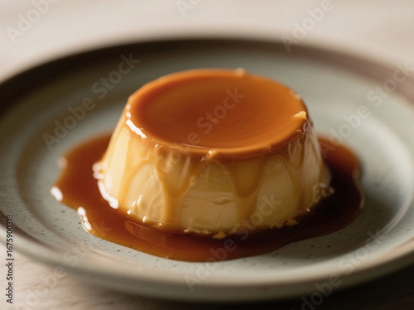 Obraz Close-up of a creamy caramel pudding served on a ceramic plate with caramel sauce dripping on the sides. Sweet and delicious custard dessert, perfect for menu, recipe, or food photography.