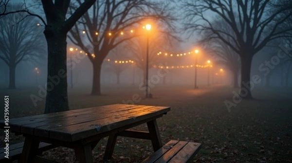 Obraz Foggy park pathway with glowing string lights and picnic table mist trees
