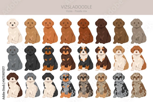 Fototapeta Vizsladoodle clipart. Vizsla Poodle mix. Different coat colors set.  Vector illustration
