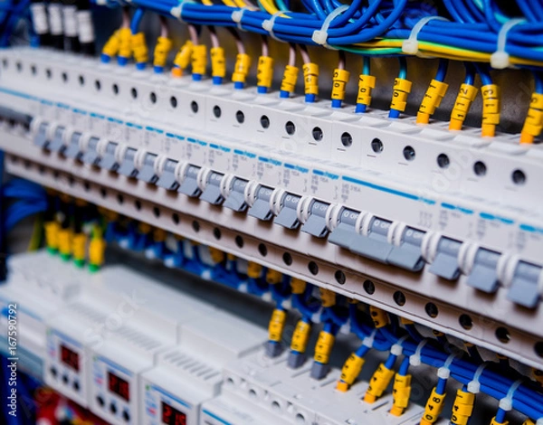 Fototapeta Voltage switchboard with circuit breakers.