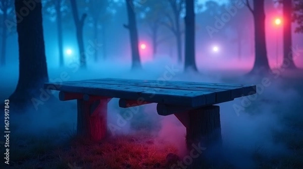 Obraz Wooden picnic table in misty forest with colorful lights trees