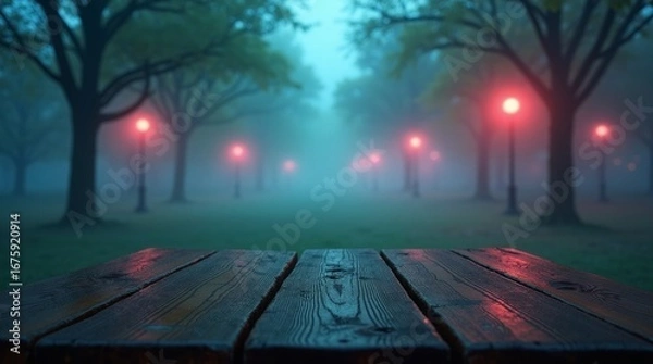 Obraz Wooden table in foggy park with red streetlights red lights