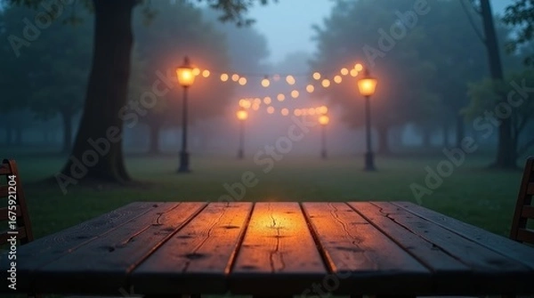 Obraz Wooden table in park with glowing lights and fog evening