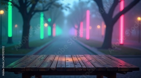 Obraz Wooden table with colorful glowing lights in foggy park green