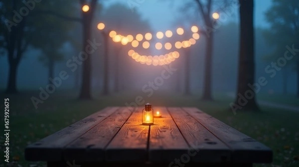 Obraz Wooden table with lanterns and string lights in foggy forest candle