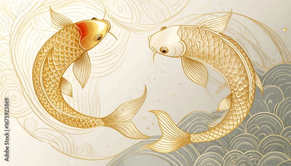 Fototapeta Elegant koi fish with lotus flowers. Gold koi fish in serene water design. Beautiful golden koi fish swimming. Hand-drawn koi fish in delicate style. Symbolic koi fish in gold artwork