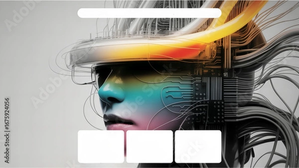 Fototapeta abstract colorful background, Futuristic AI technology concept with human face, digital connections and innovation background
