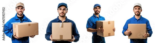 Obraz Delivery man holding cardboard box isolated on transparent background
