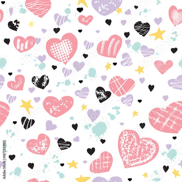 Obraz Seamless hand-drawn pattern of hearts, stars, and doodles. For the design of postcards, gift wrapping for Valentine's Day, Mother's Day, birthday.