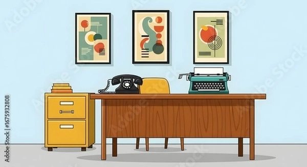 Fototapeta Illustration of a vintage office desk with a typewriter, telephone, and artwork on the wall, next to a filing cabinet