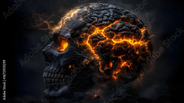 Fototapeta Fiery skull erupting with molten lava and crackling energy, a powerful symbol of transformation and intensity