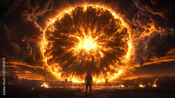 Obraz Man watches massive fiery explosion engulfing cityscape, dramatic apocalyptic scene, intense power and destruction