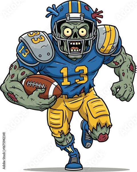 Fototapeta Zombie football player character vector, cartoon undead athlete with ball and torn uniform, horror sports illustration, cad drawing flat vector illustration