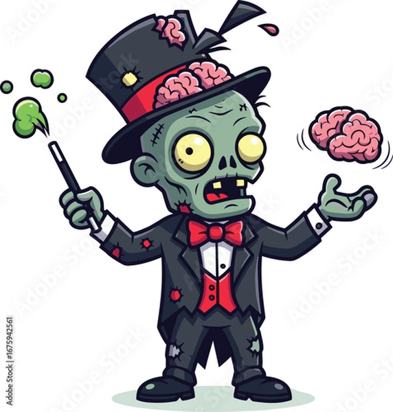 Fototapeta Zombie magician character vector, cartoon undead wizard, exposed brain magic wand, horror fantasy illustration, spooky costume, cad drawing flat vector illustration