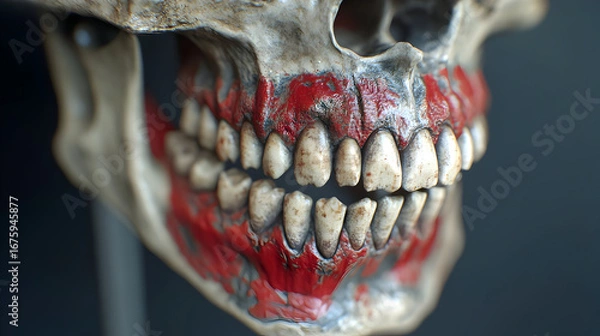 Obraz Creepy human skull with realistic teeth and distressed texture for Halloween design projects or gothic horror themed digital art